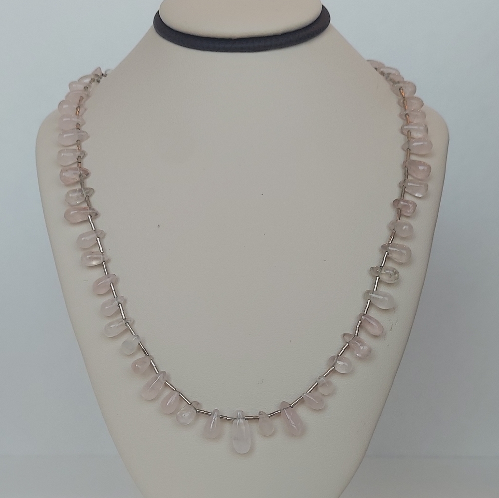 Pale Pink Teardrop Rose Quartz & Liquid Silver Necklace